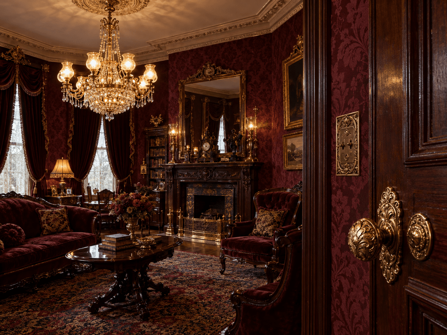 Victorian era interior with decorative lighting and hardware