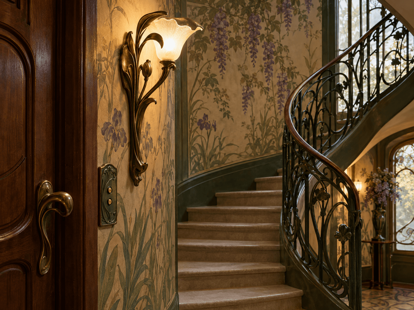 Art Nouveau interior featuring decorative lighting and hardware