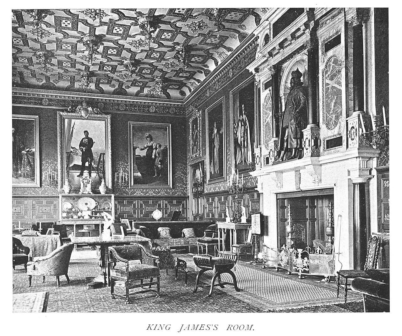 Historic photograph of a richly paneled Jacobean room at Hatfield House with a carved chimneypiece