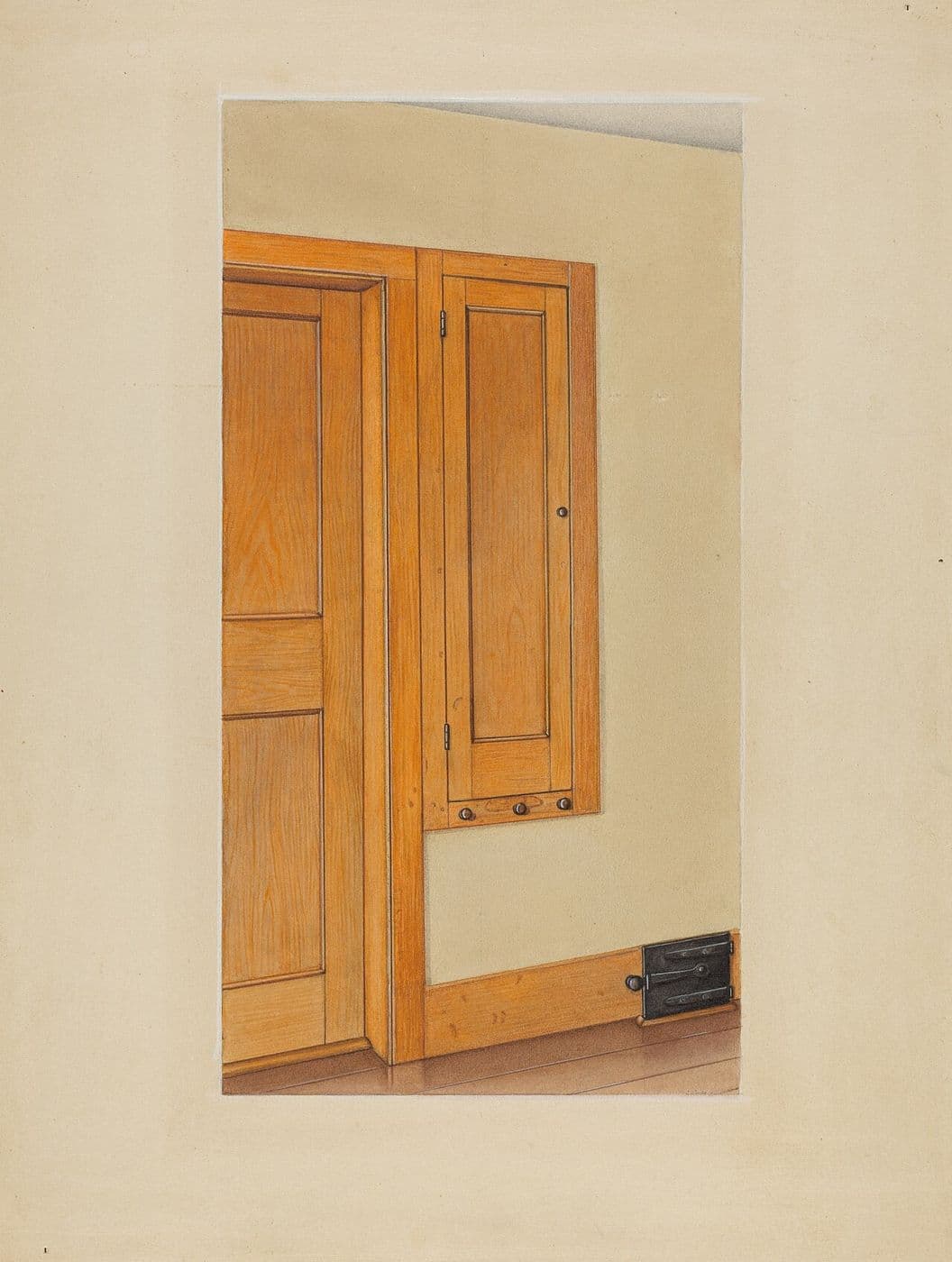 Watercolor of a Shaker built-in cupboard with panelled doors beside a doorway