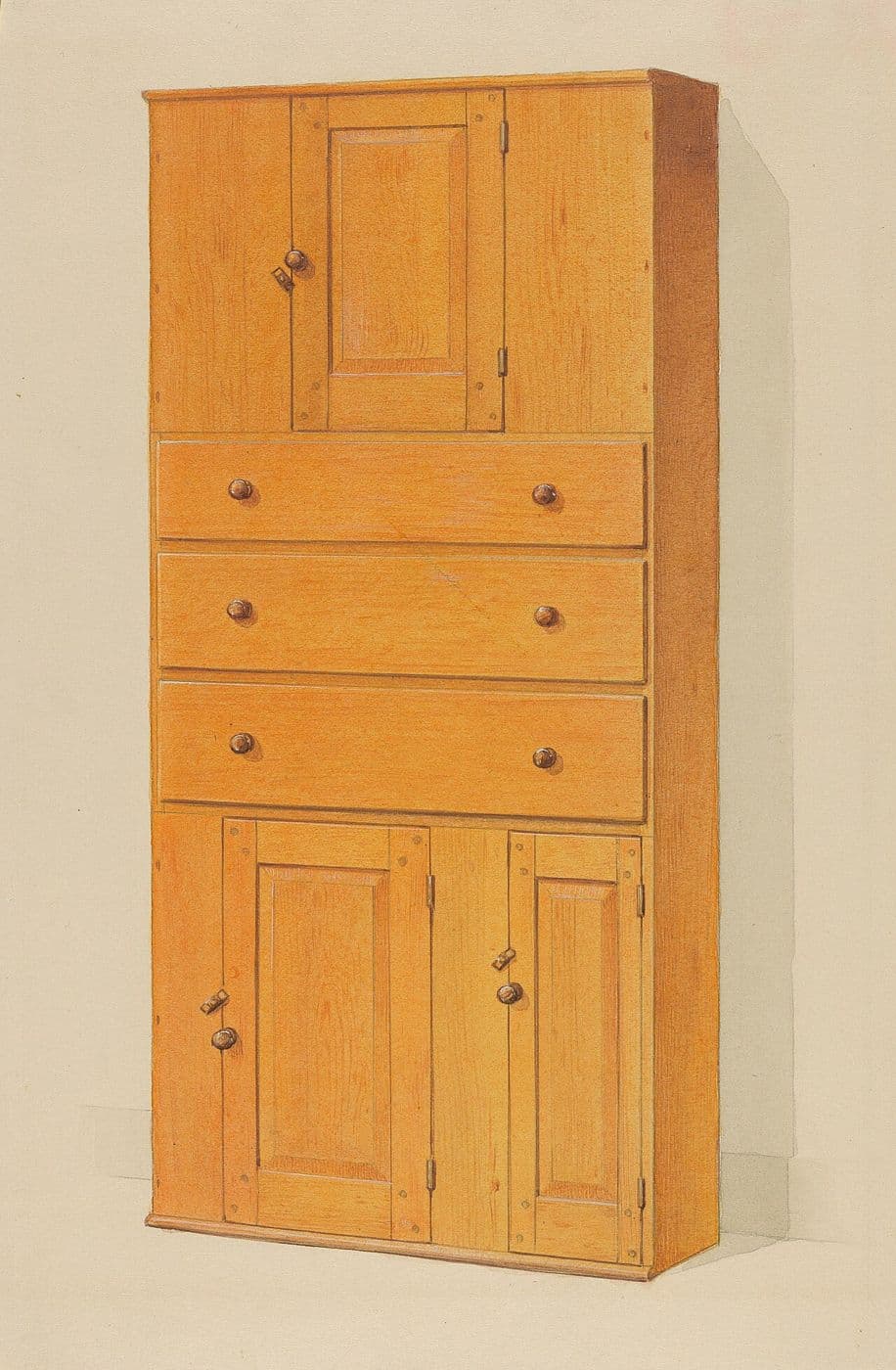 Watercolor of a tall Shaker cupboard with drawers between upper and lower cupboard doors