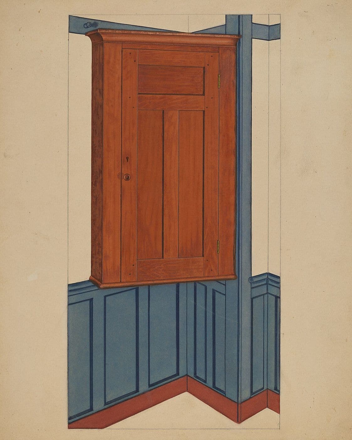 Watercolor of a small Shaker corner cupboard above blue painted wainscot