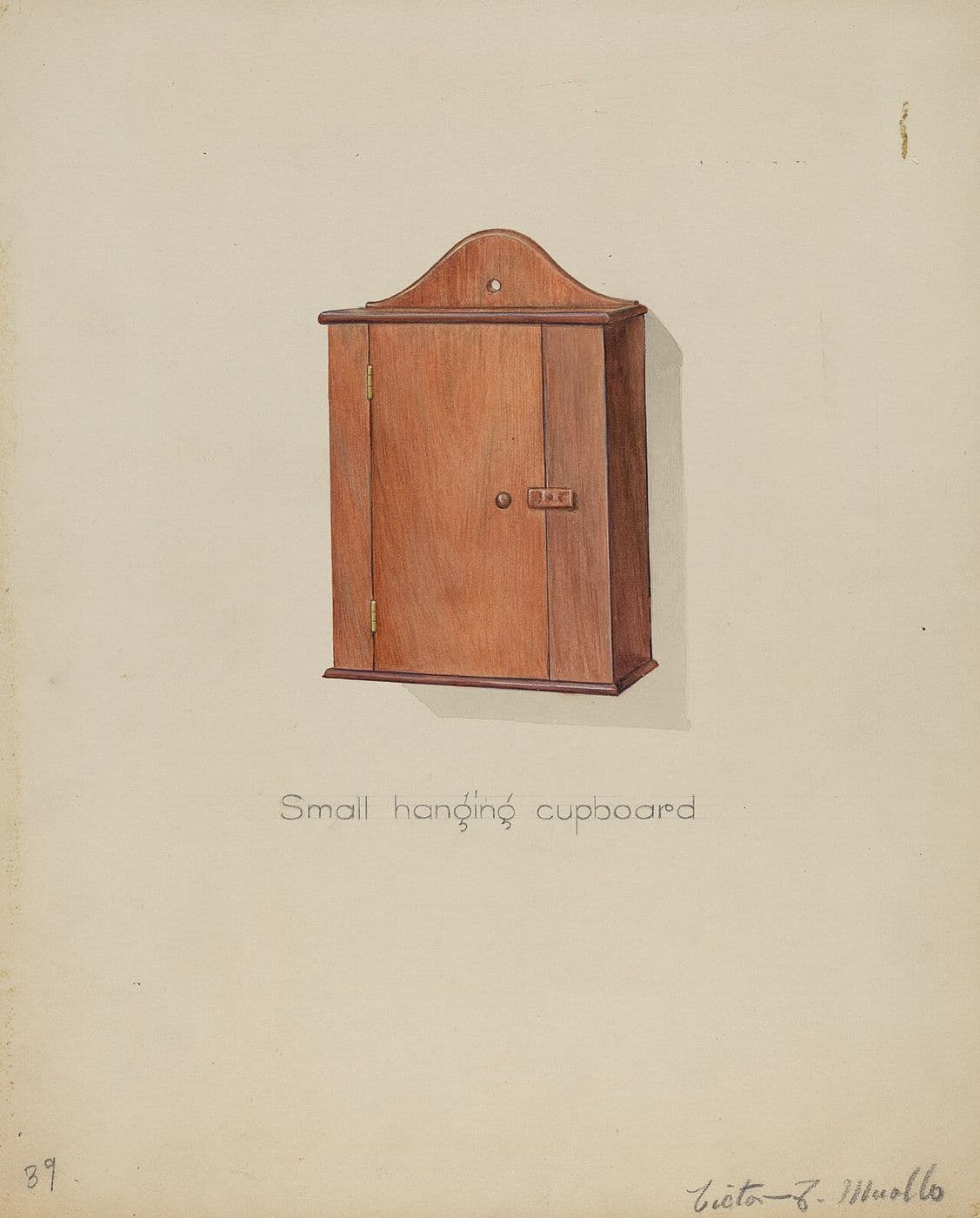Watercolor of a small Shaker hanging cupboard with a single door and shaped top