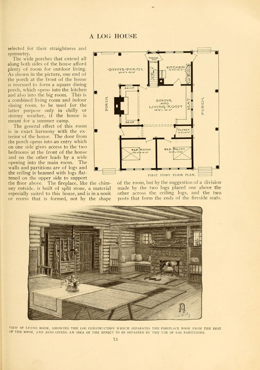 Period illustration of a log house living room with a log partition and fireplace nook