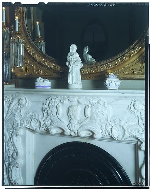 White marble mantelpiece with arched opening, carved central cartouche and moulded shelf