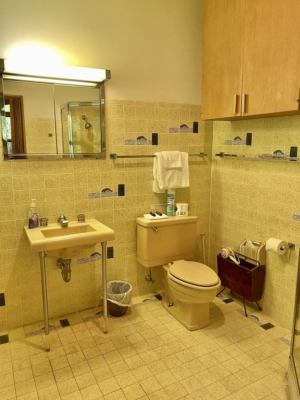 Mid-century bathroom with a wall-hung sink, mirrored cabinet and wood cabinetry