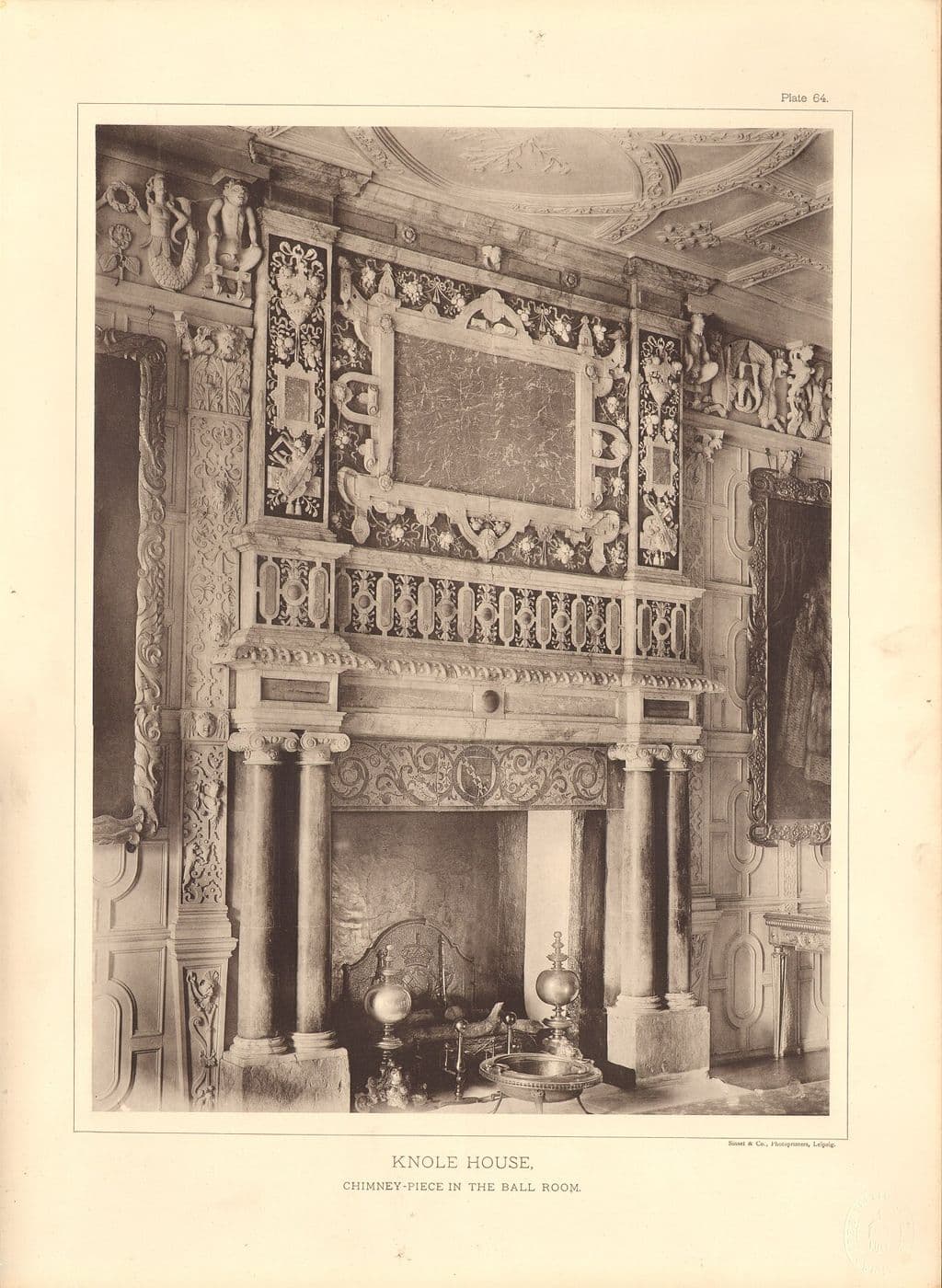 Historic plate of an ornate Renaissance chimneypiece in the ballroom at Knole House