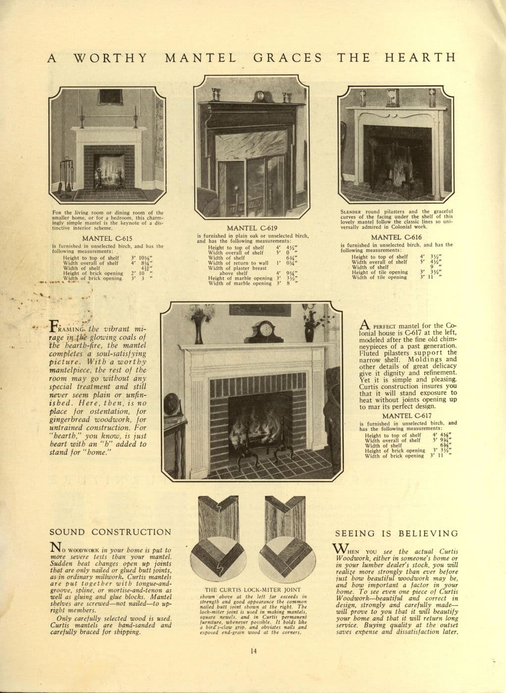 Catalog page showing several Colonial Revival wood mantels and a brick fireplace