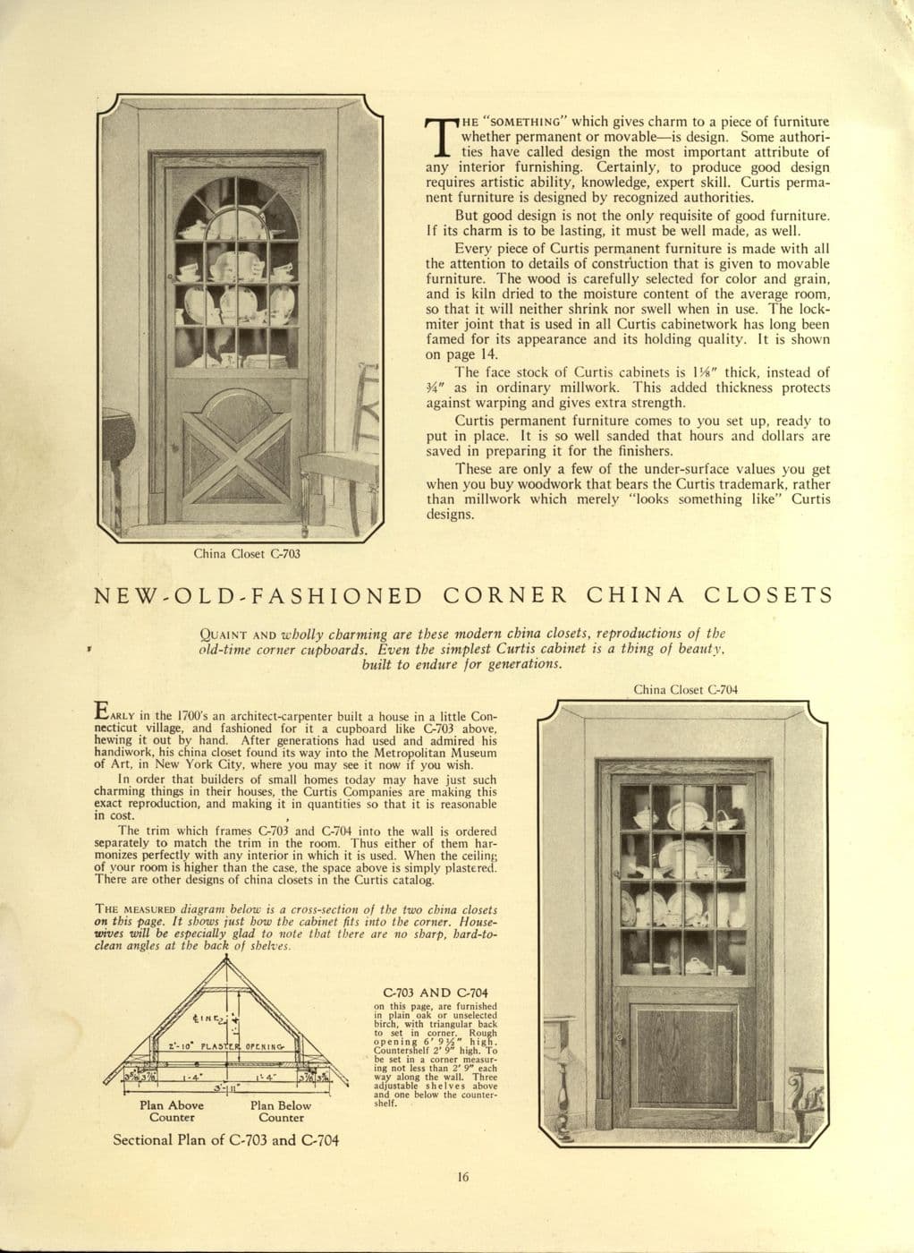 Catalog page illustrating built-in corner china cupboards with glazed upper doors