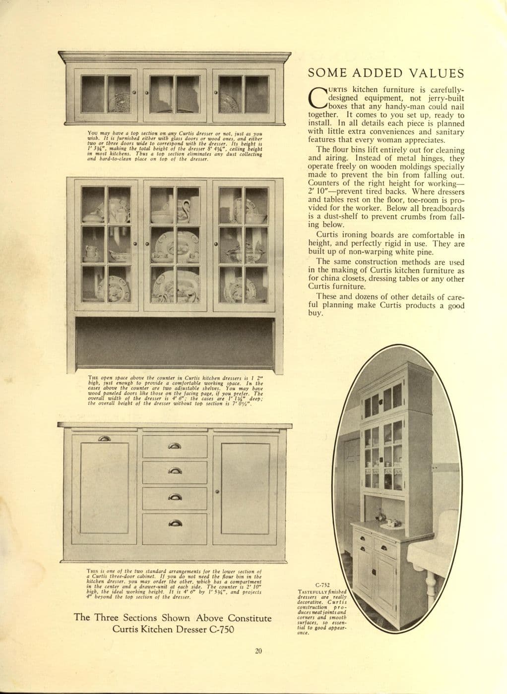 Catalog page illustrating a kitchen dresser with glazed upper doors and drawers below