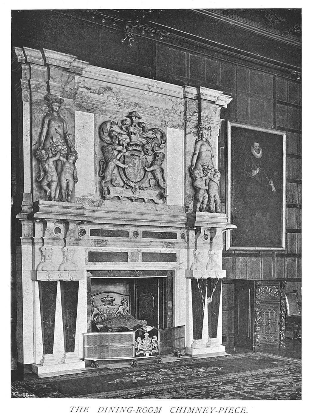 Historic photograph of a tall Jacobean chimneypiece with columns and a carved overmantel