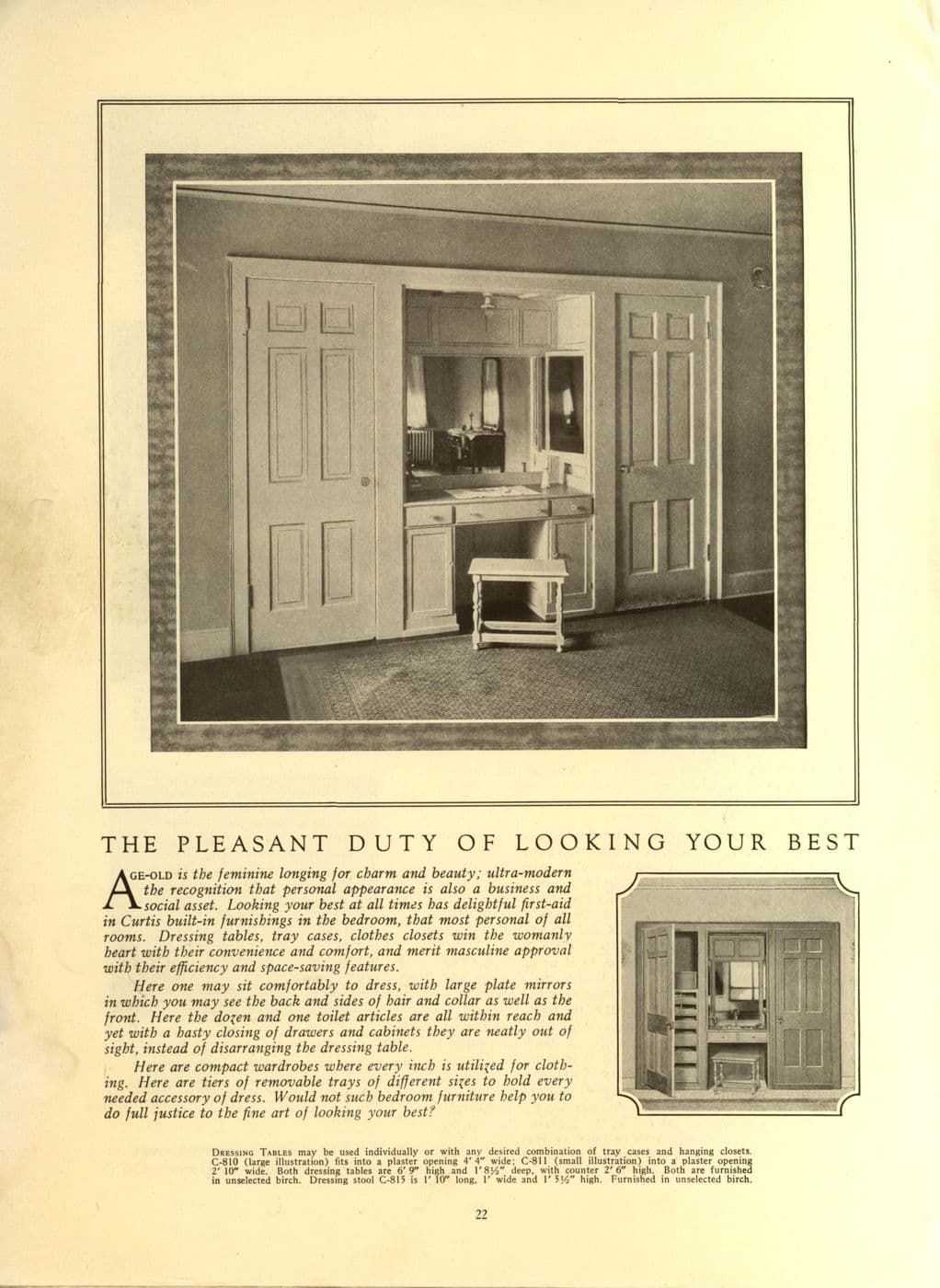 Catalog illustration of a built-in dressing table with mirror between tall cupboards