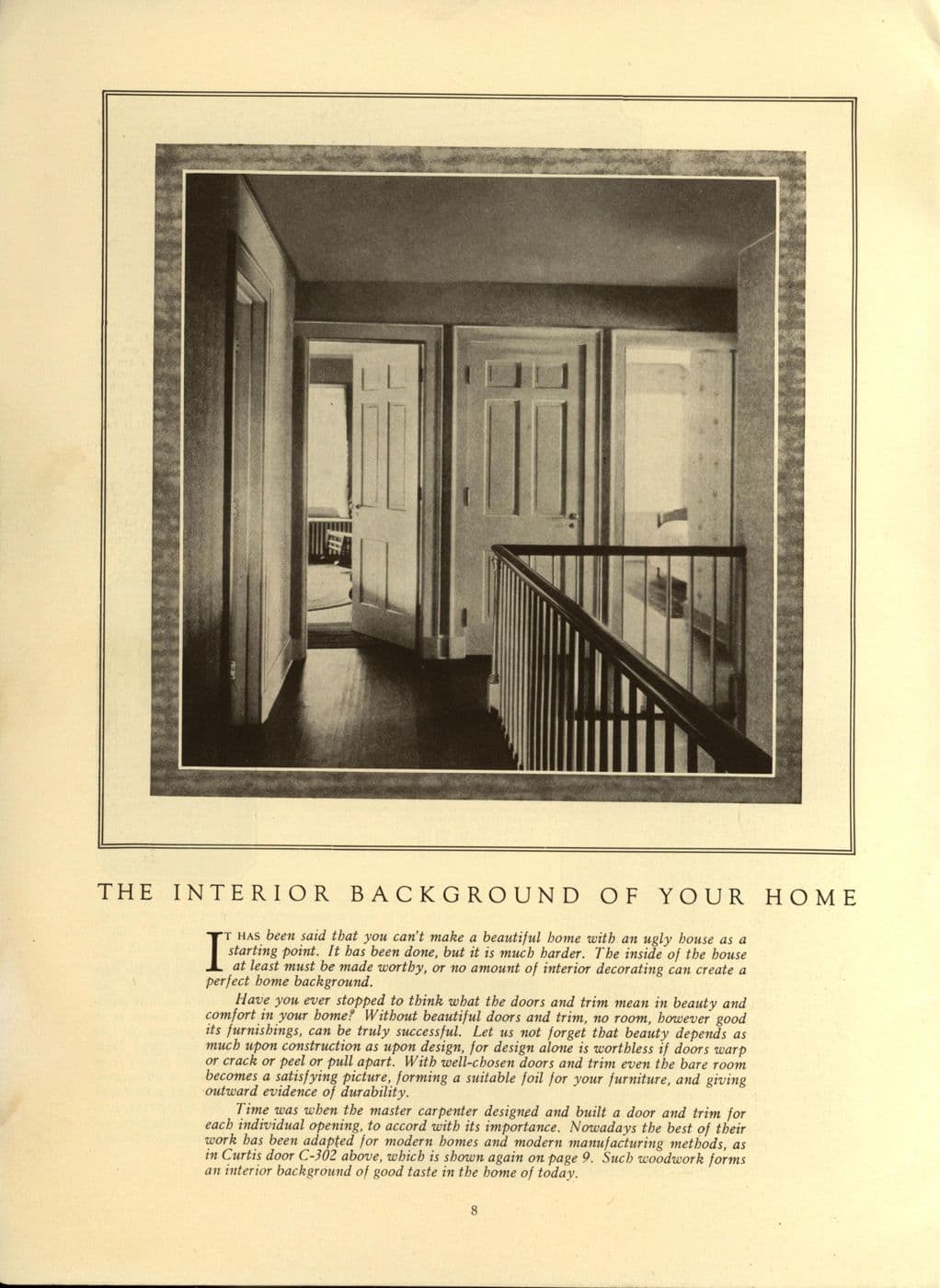 Catalog illustration of a hall with a staircase and paneled doors