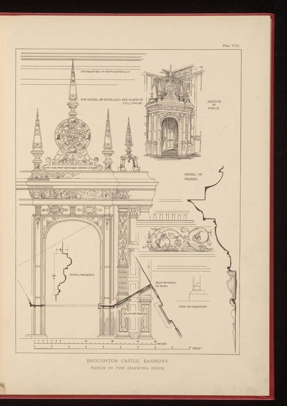 Measured drawing of an ornate carved internal porch with pilasters and cresting