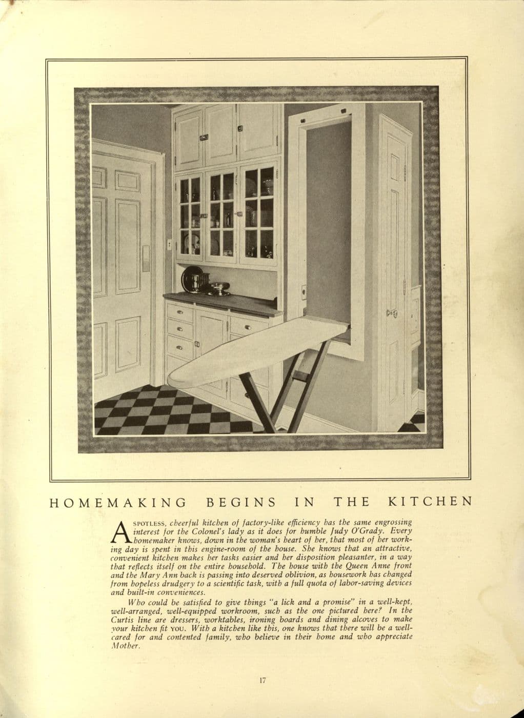 Catalog illustration of a 1920s kitchen with built-in cases and a fold-down ironing board