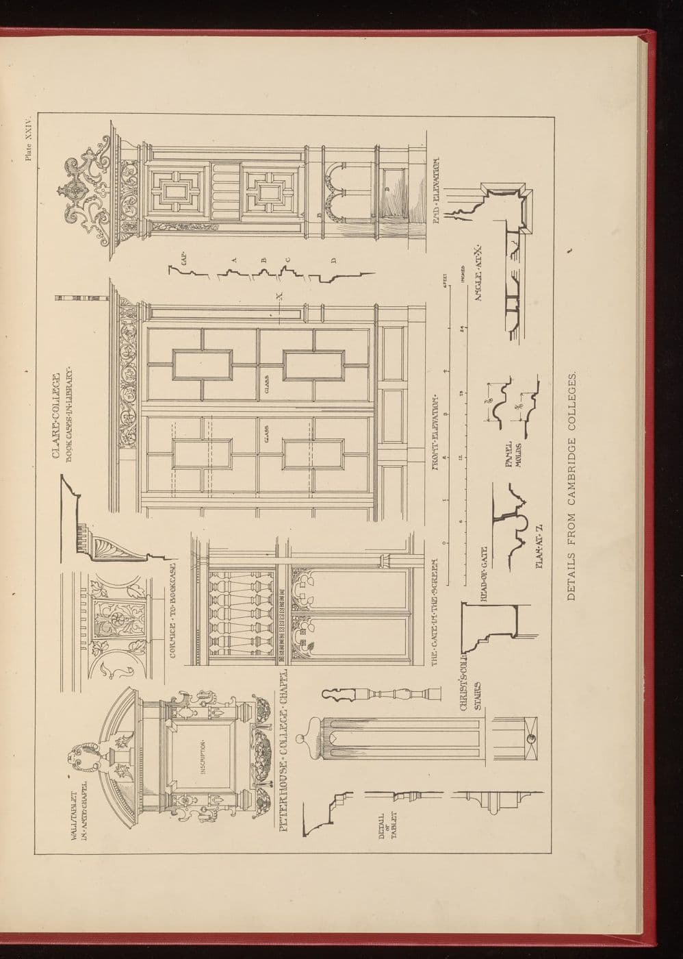 Measured drawing of 17th-century college library bookcases with panelled ends and carved cresting