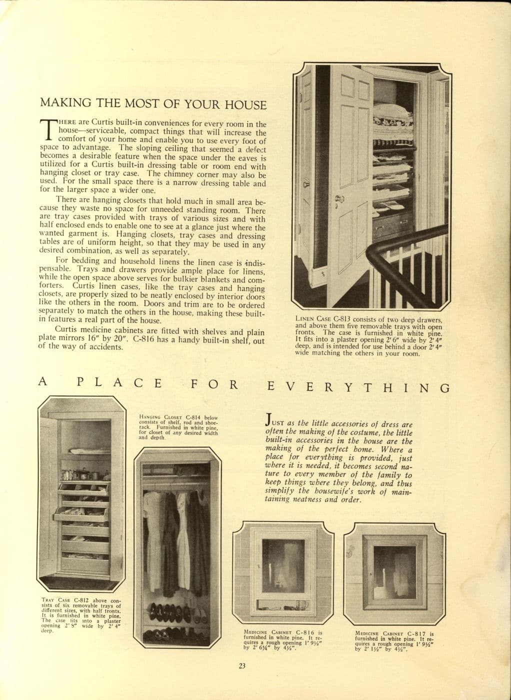 Catalog page illustrating built-in linen closets and storage cases