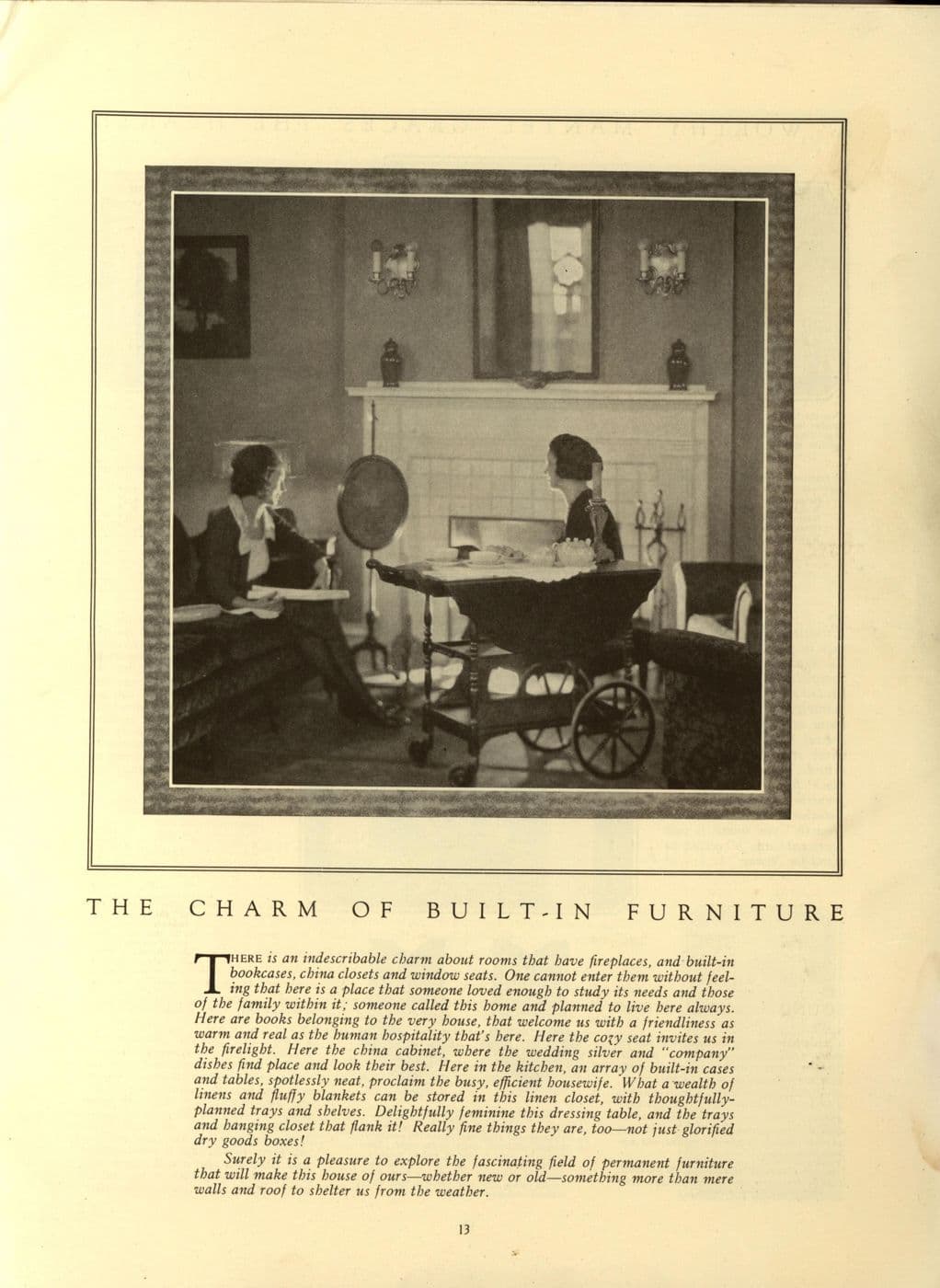 Catalog illustration of a living room with built-in bookcases and a window seat