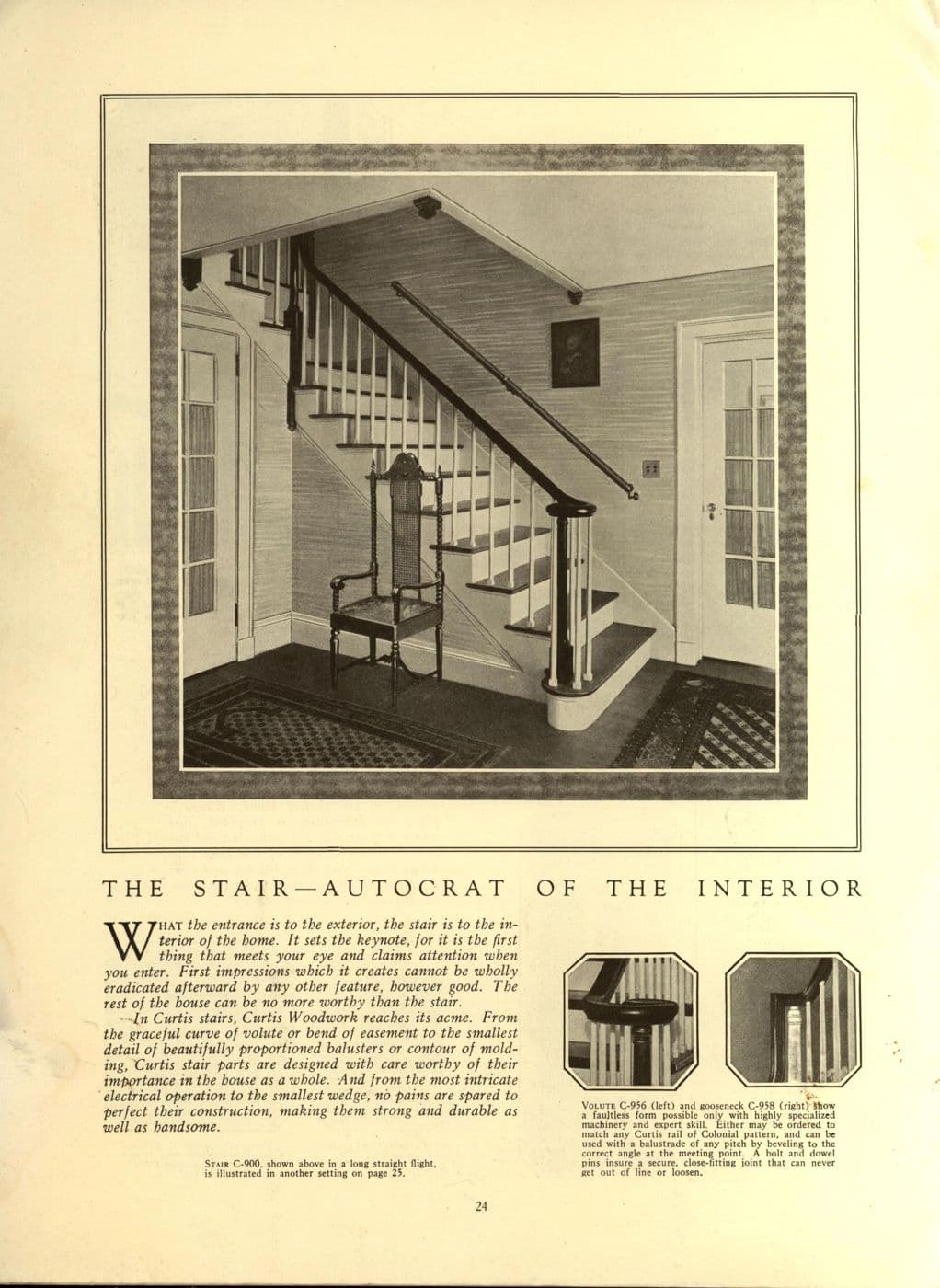 Catalog illustration of a main staircase with paneled wainscot, newel post and balusters
