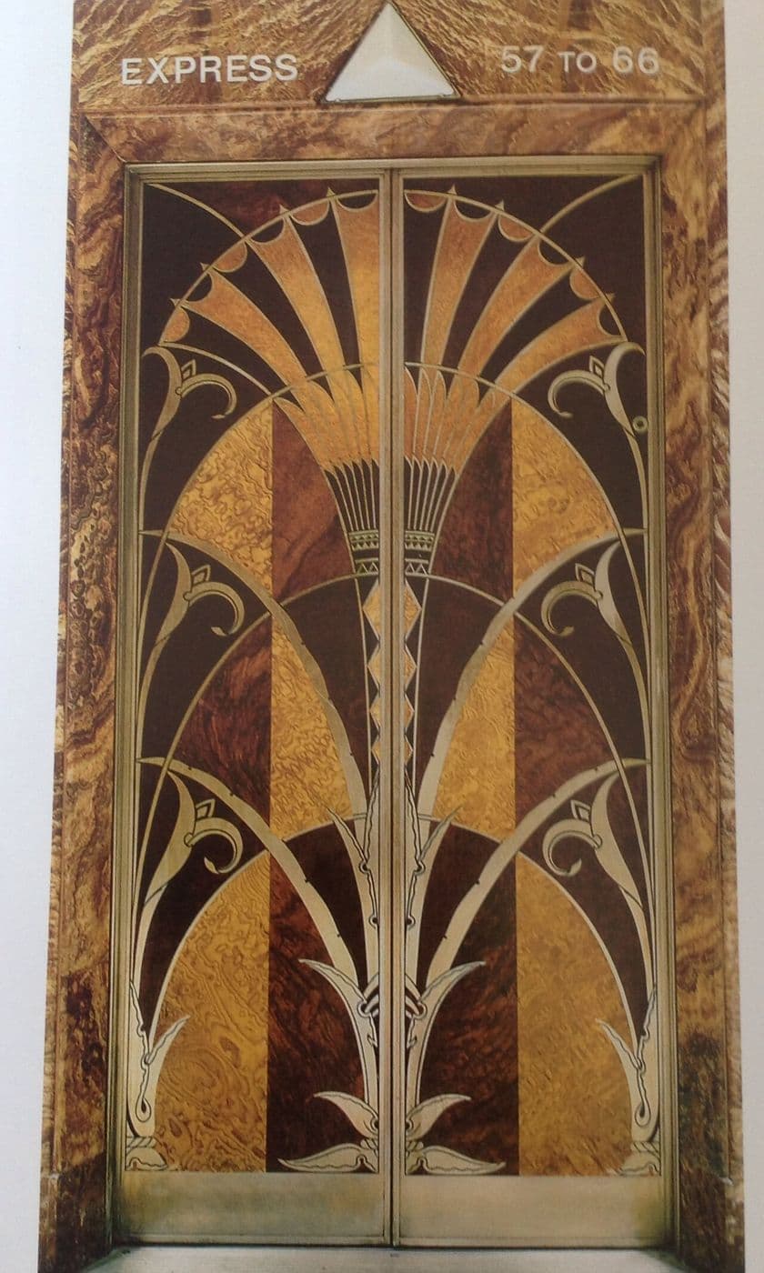 Art Deco elevator door with inlaid wood fan pattern in the Chrysler Building lobby