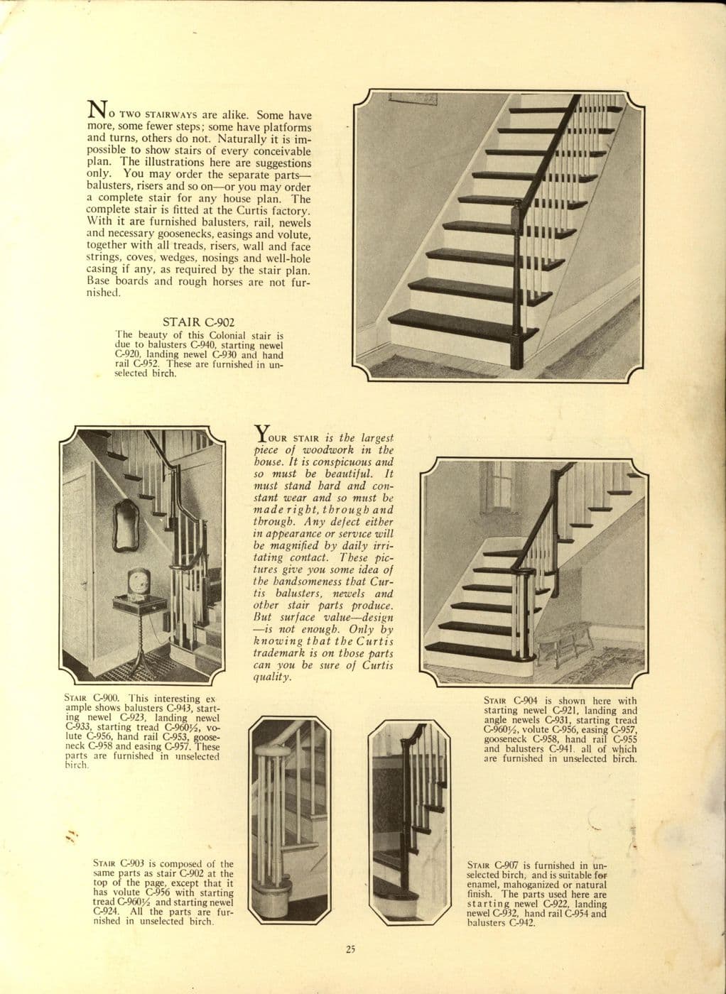 Catalog page illustrating newel posts, balusters and stair arrangements