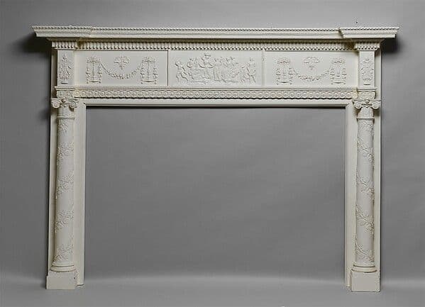 Federal-style painted wood mantel with slim pilasters and delicate applied urns and swags