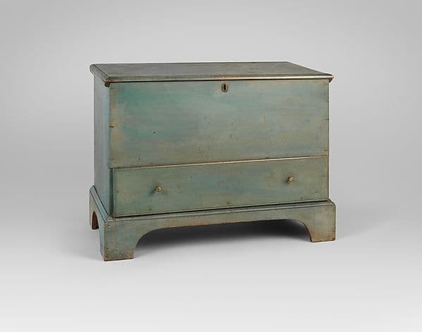 Blue-green painted Shaker blanket chest with a lift lid and a drawer