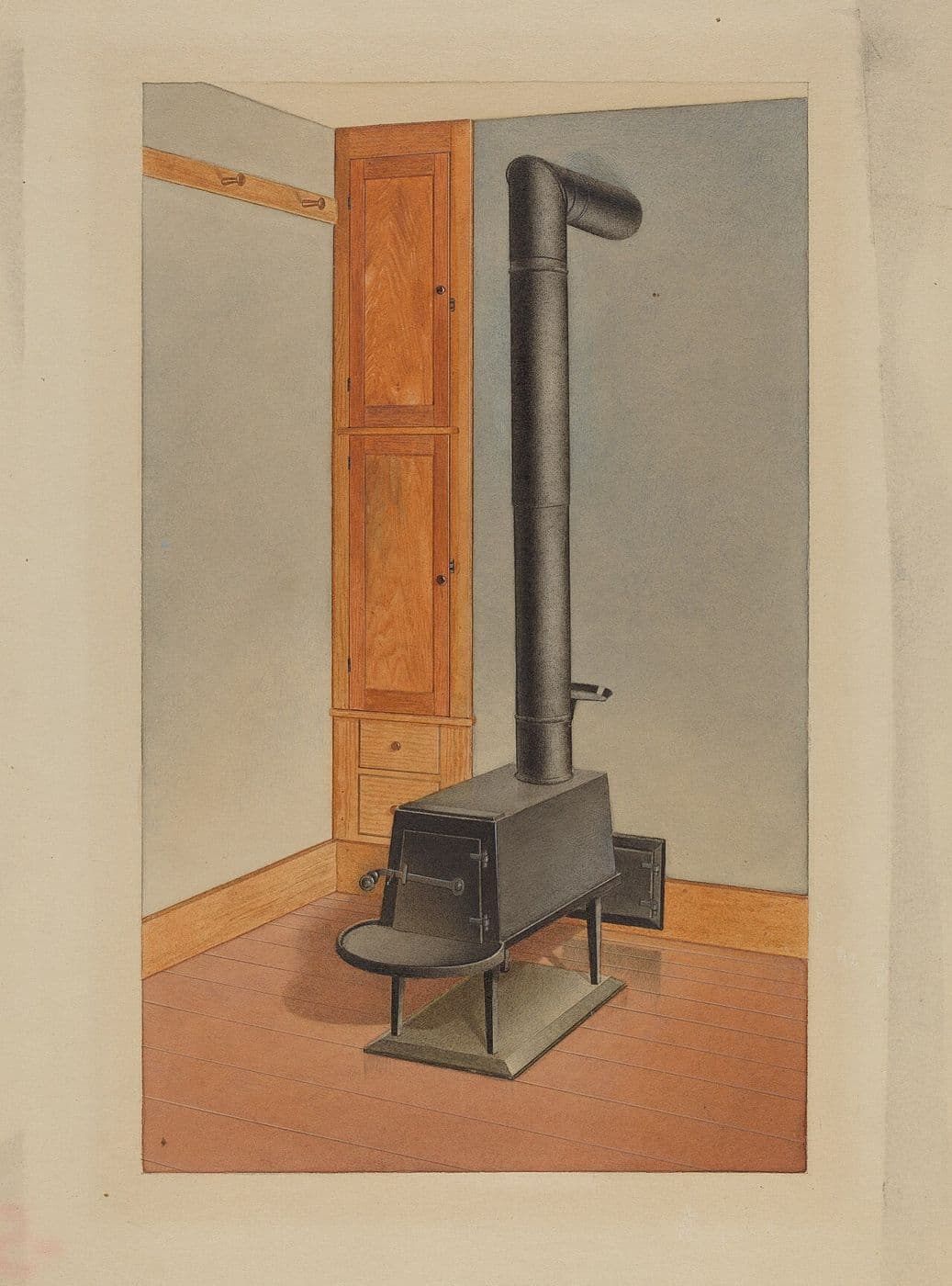 Watercolor of a tall Shaker built-in closet beside a black cast-iron stove