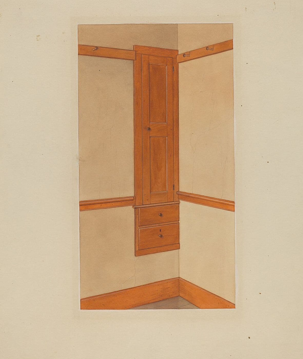 Watercolor of a narrow Shaker built-in cupboard with drawers fitted into a corner