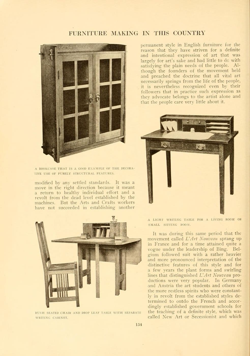 Period illustration of a Stickley oak bookcase with glazed doors and through-tenon joints