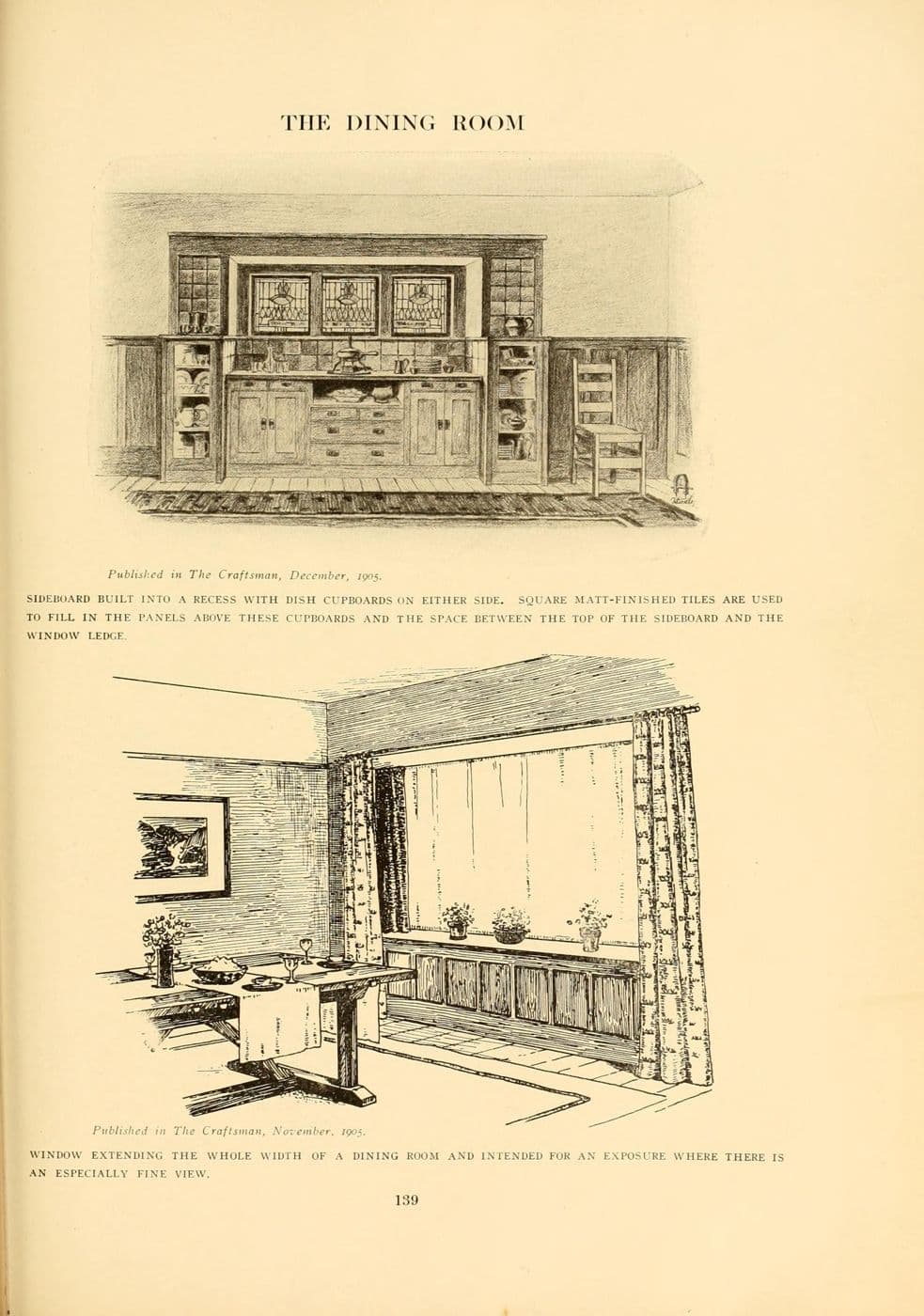 Period illustration of a built-in sideboard with dish cupboards at each end