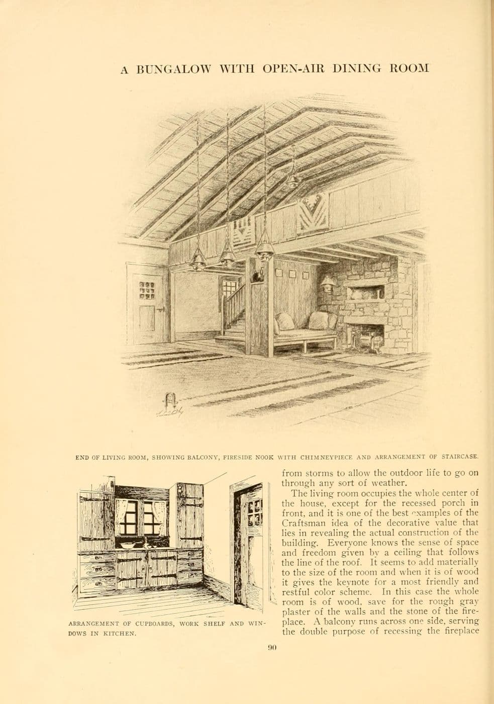 Period illustration of a bungalow living room nook above a drawing of kitchen cupboards and a work shelf