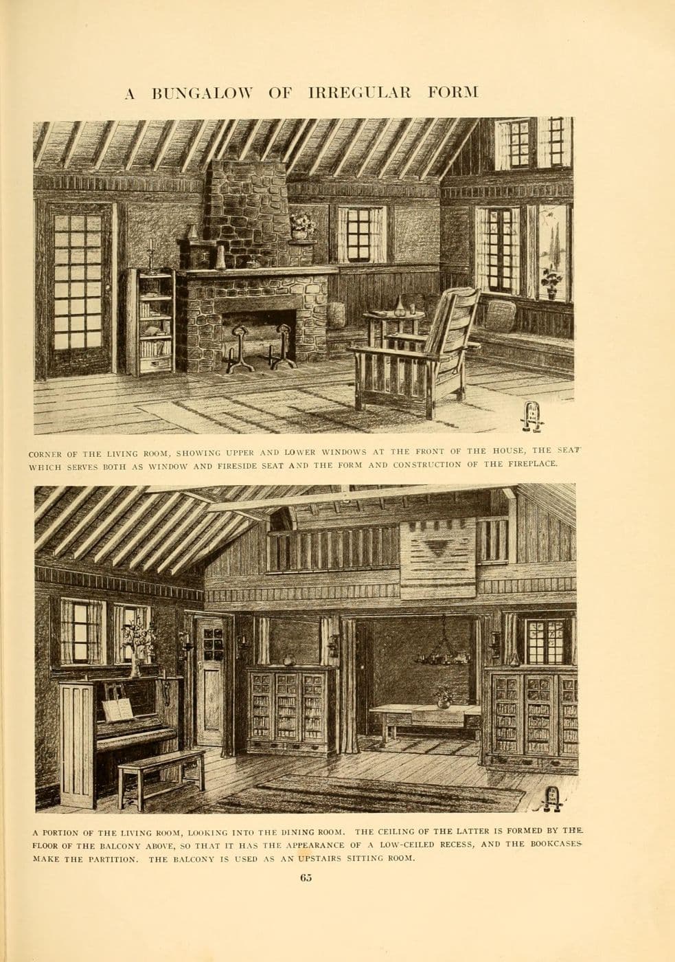 Period illustration of a bungalow living room with a stone fireplace, window seat and beamed ceiling