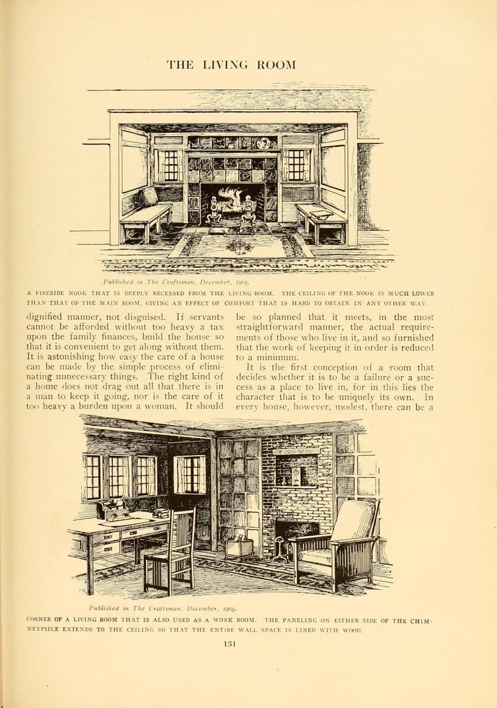 Period illustration of a deep fireside nook and a living room corner with a built-in desk