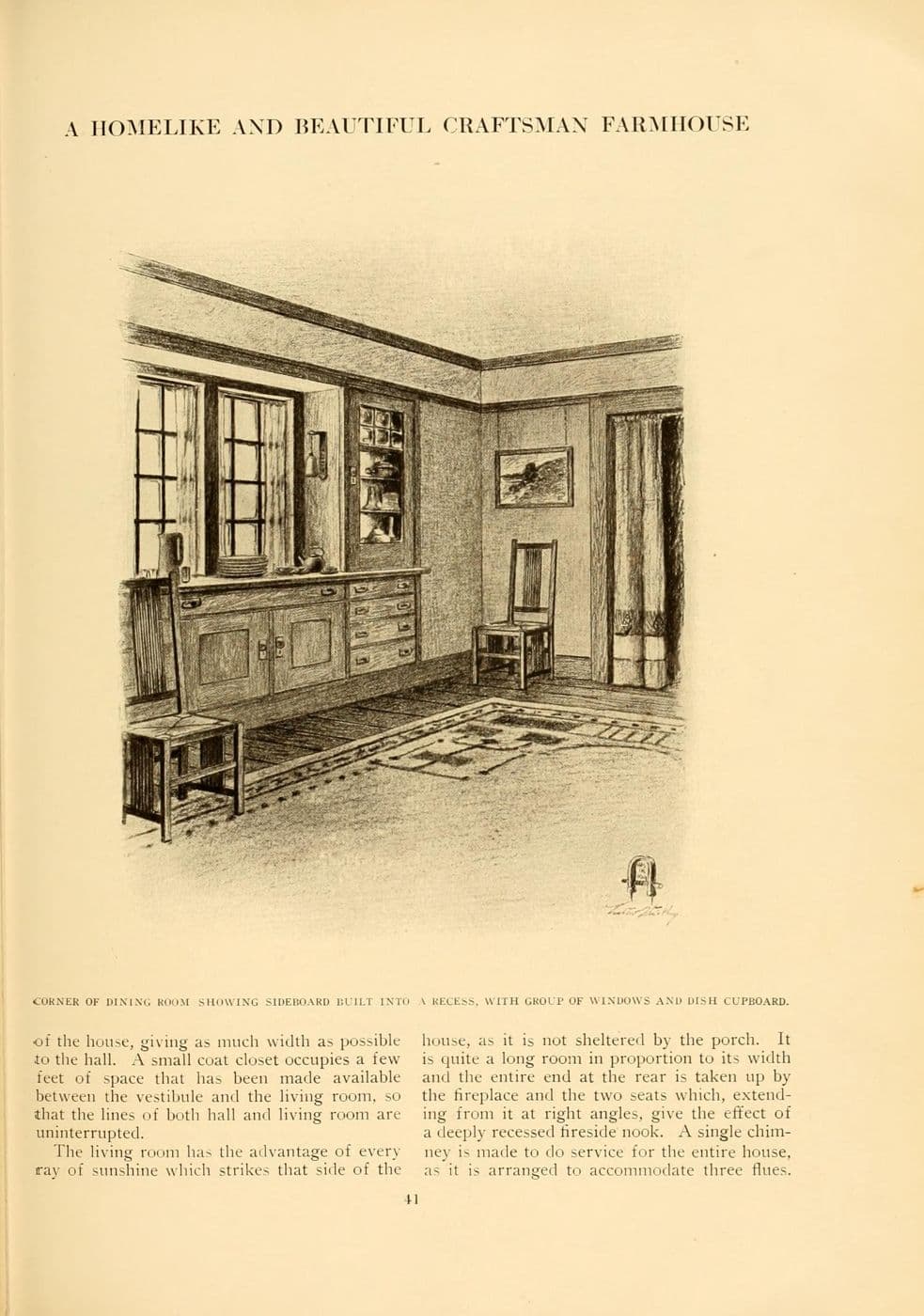 Period illustration of a built-in Craftsman sideboard set into a dining room recess beneath windows