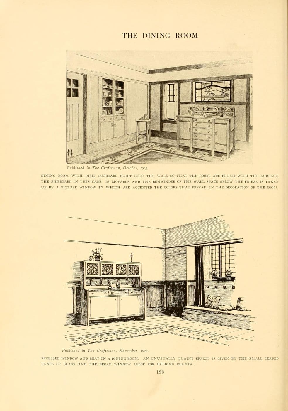 Period illustration of a Craftsman dining room with flush cupboard doors set into paneled walls