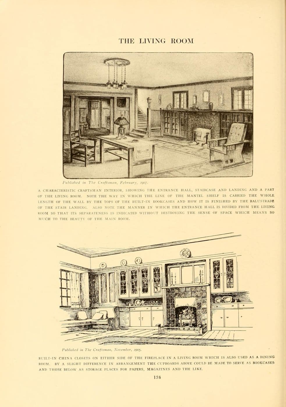 Period illustration of a Craftsman entrance hall and built-in glazed china cupboards beside a window