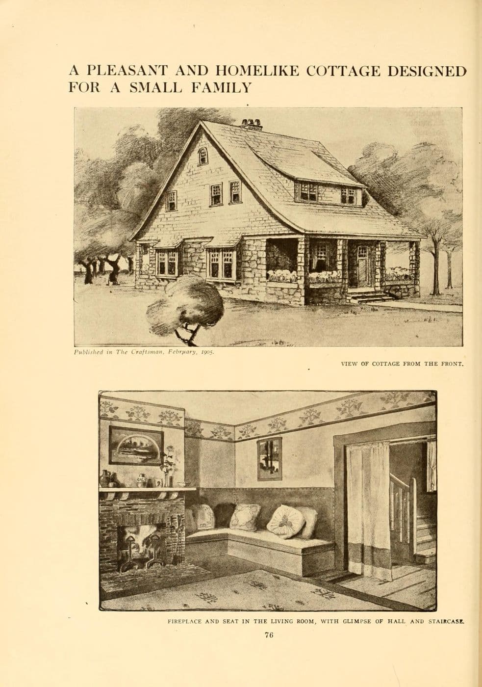 Period illustration of a cottage fireplace with a built-in seat and a decorative frieze