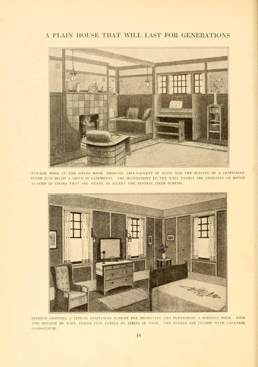 Period illustration of a fireside inglenook with facing built-in benches and casement windows