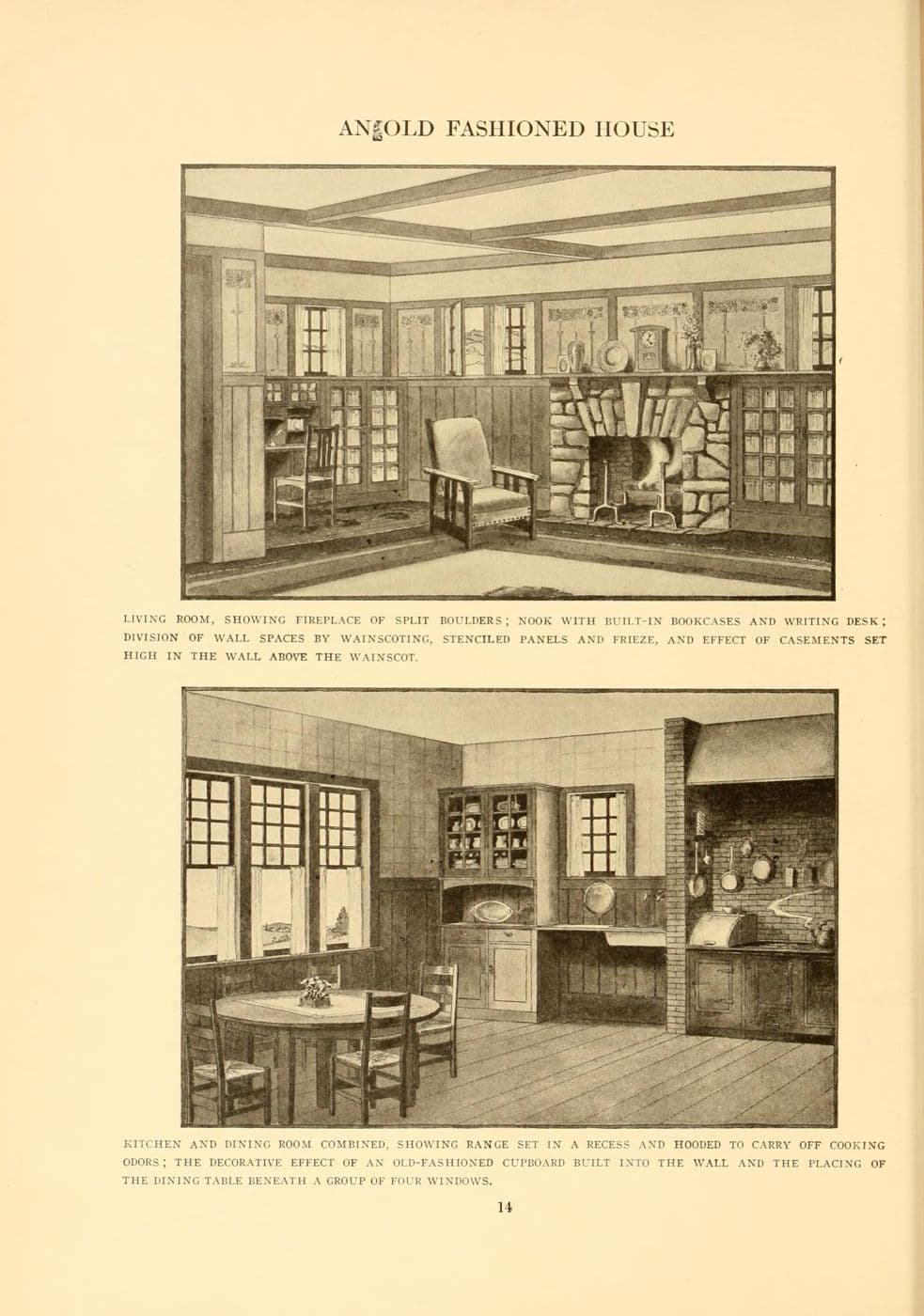 Period illustration of a Craftsman living room with a boulder fireplace and built-in bookcases