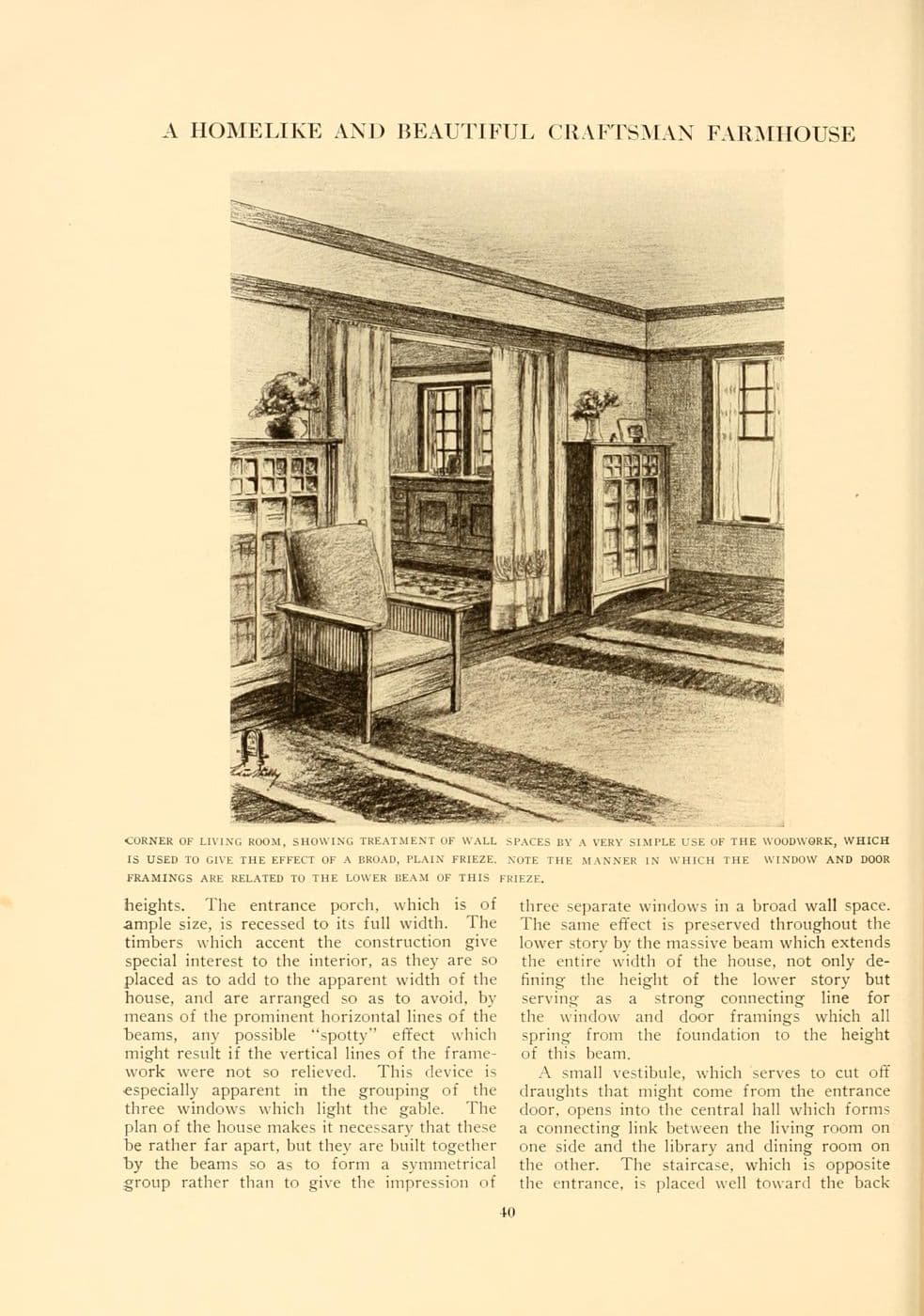 Period illustration of a Craftsman living room with simple oak strips framing the walls