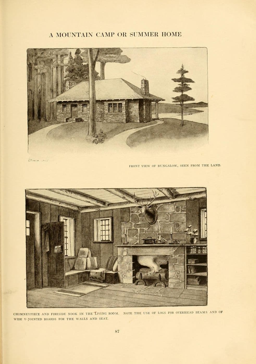 Period illustration of a mountain camp living room with a stone fireplace and board-lined walls