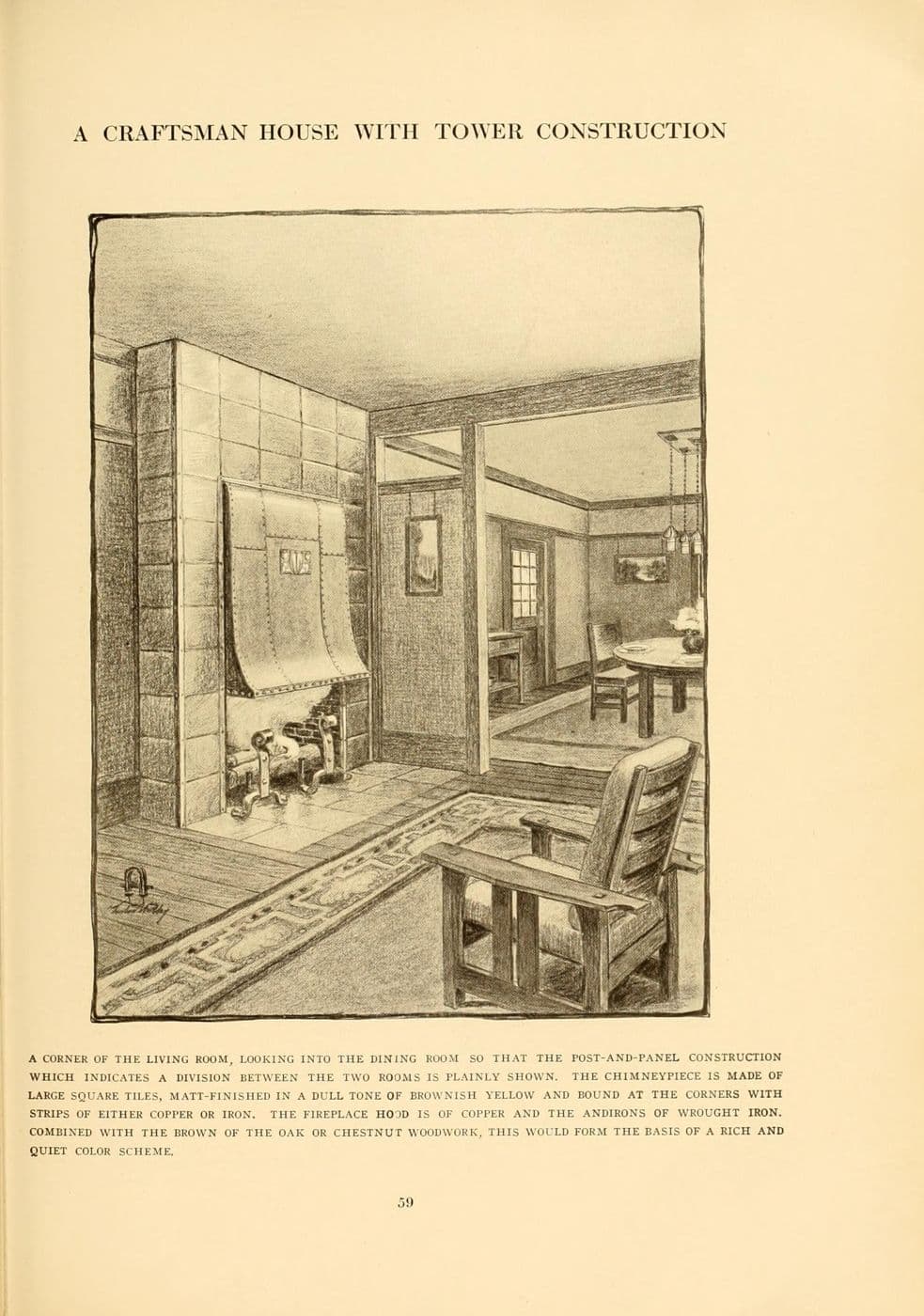 Period illustration of a post-and-panel partition separating Craftsman living and dining rooms