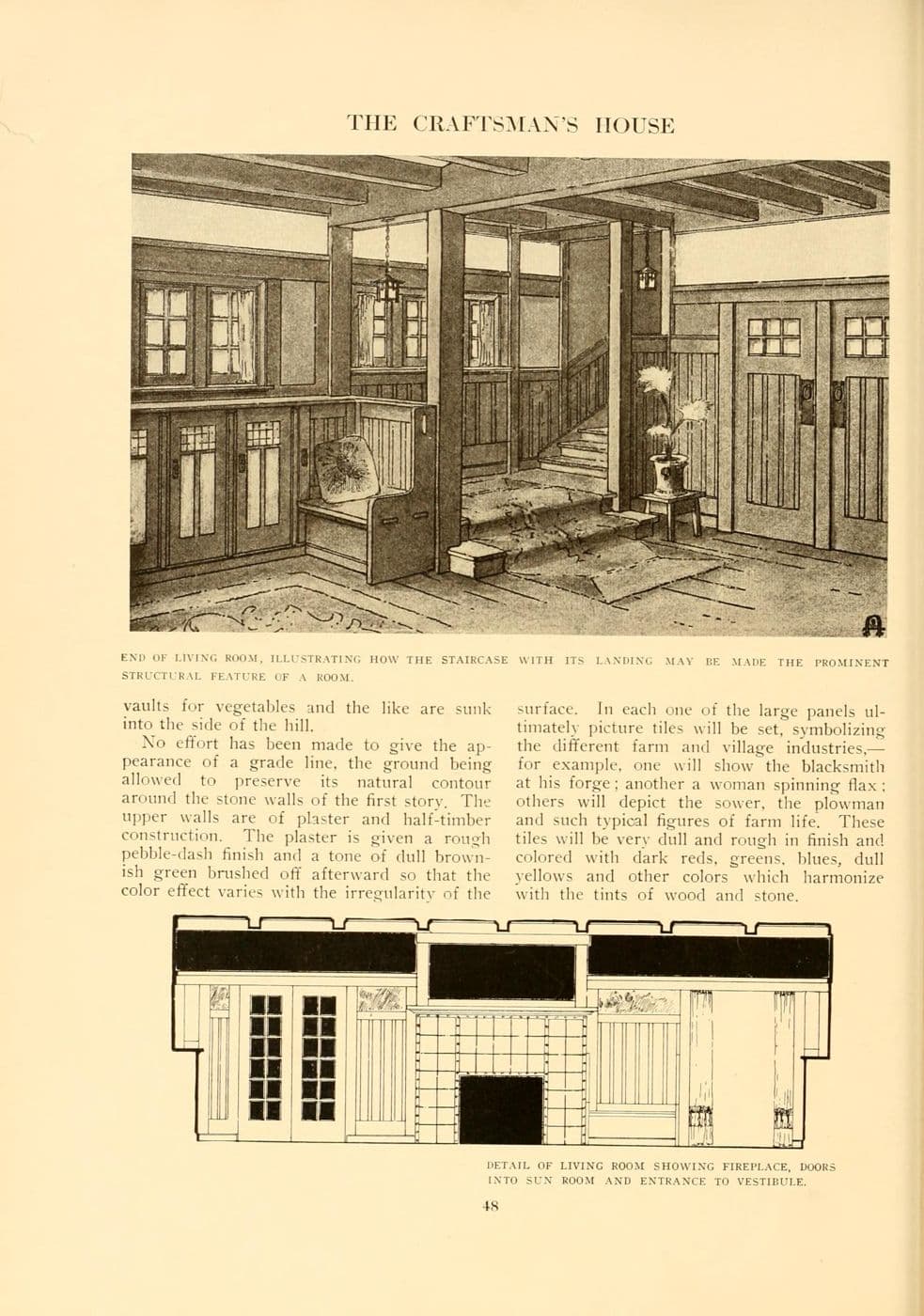 Period illustration of a Craftsman staircase with square balusters rising from the living room