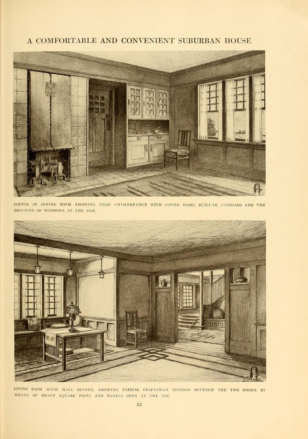 Period illustration of a tiled fireplace with a tapering copper hood in a Craftsman dining room