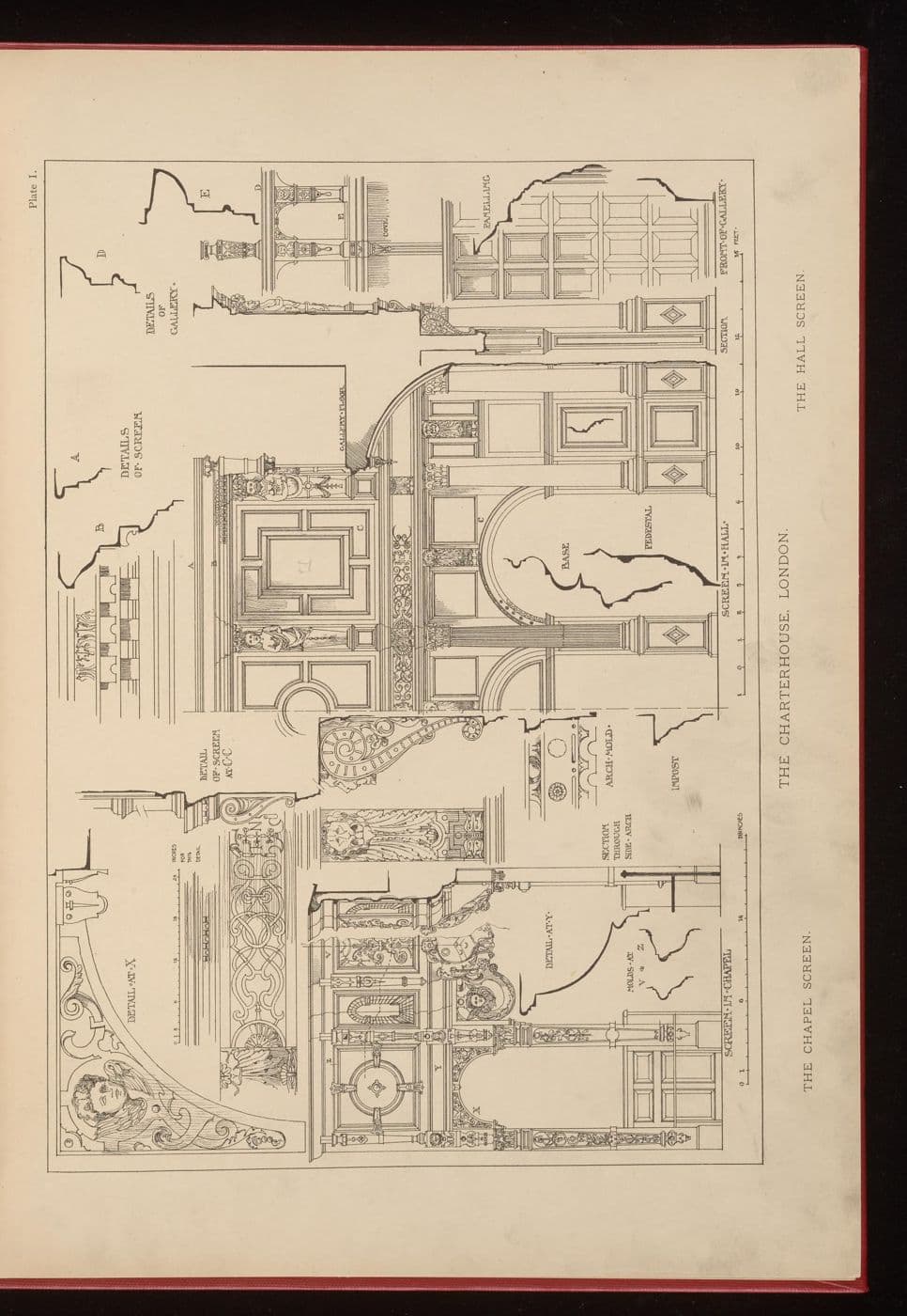 Measured drawing of a carved Tudor hall screen with arches and frieze details