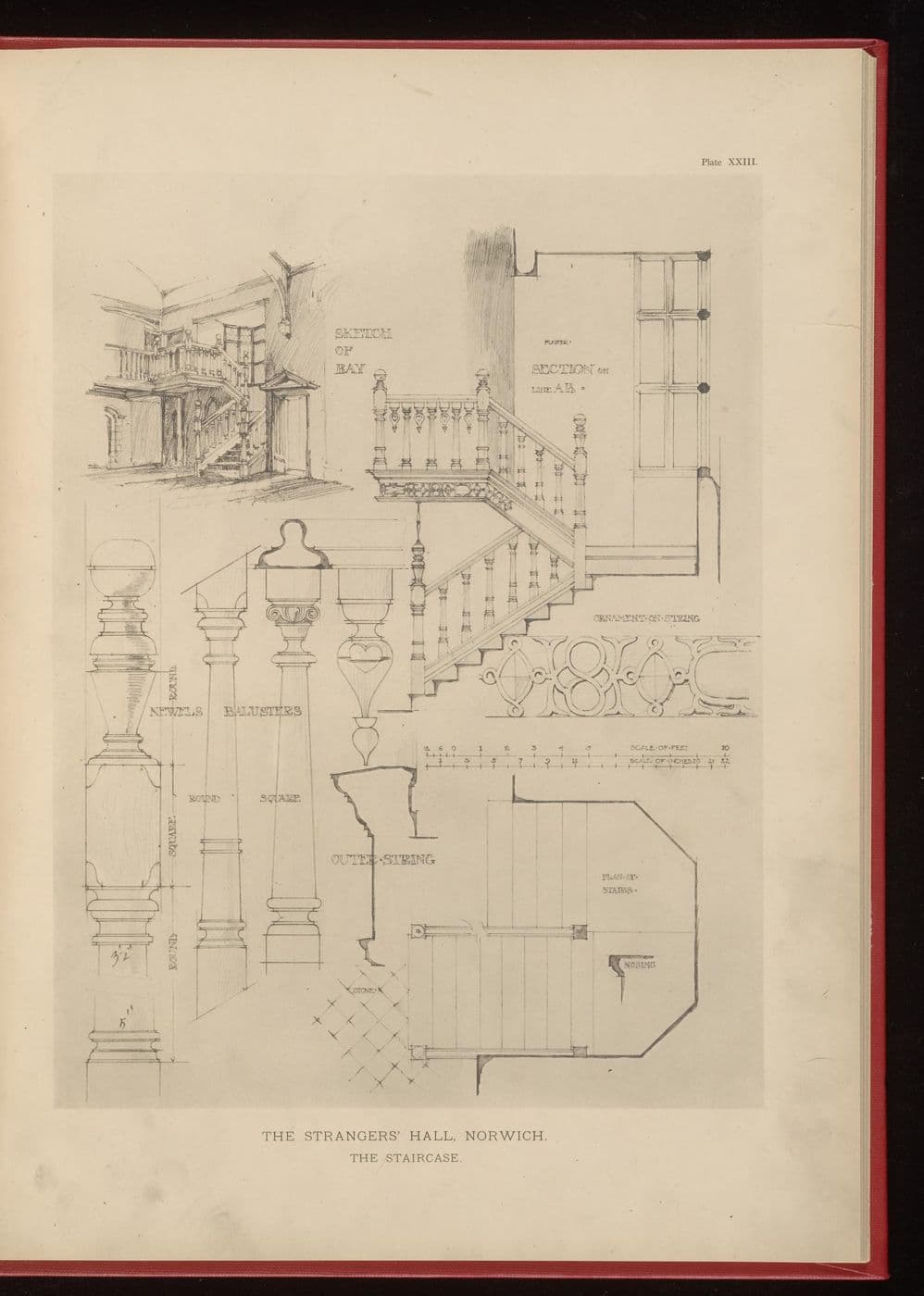 Measured drawing of a 17th-century staircase with newel posts, finials and turned balusters