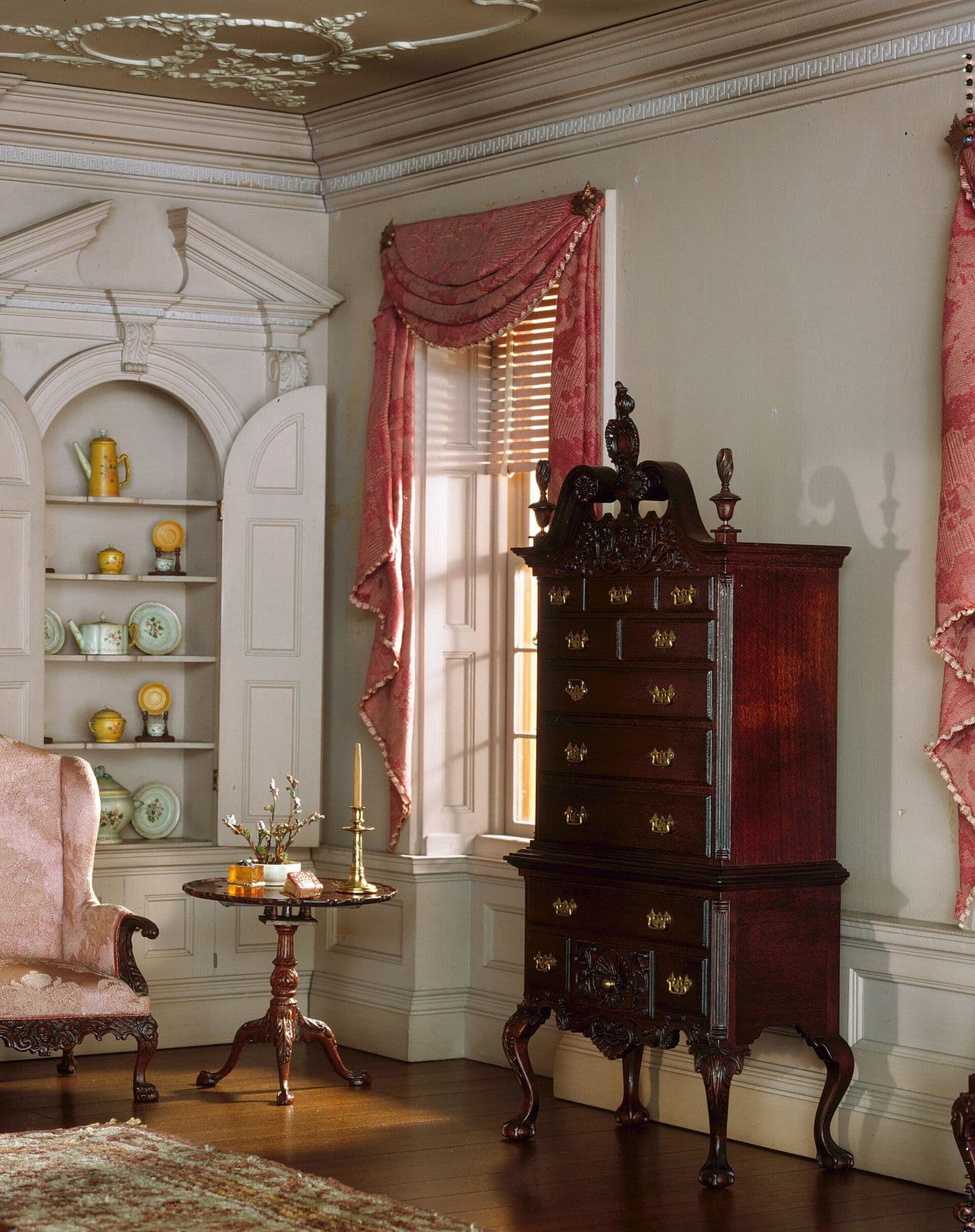 Miniature Georgian drawing room with carved pedimented overmantel and fully paneled walls