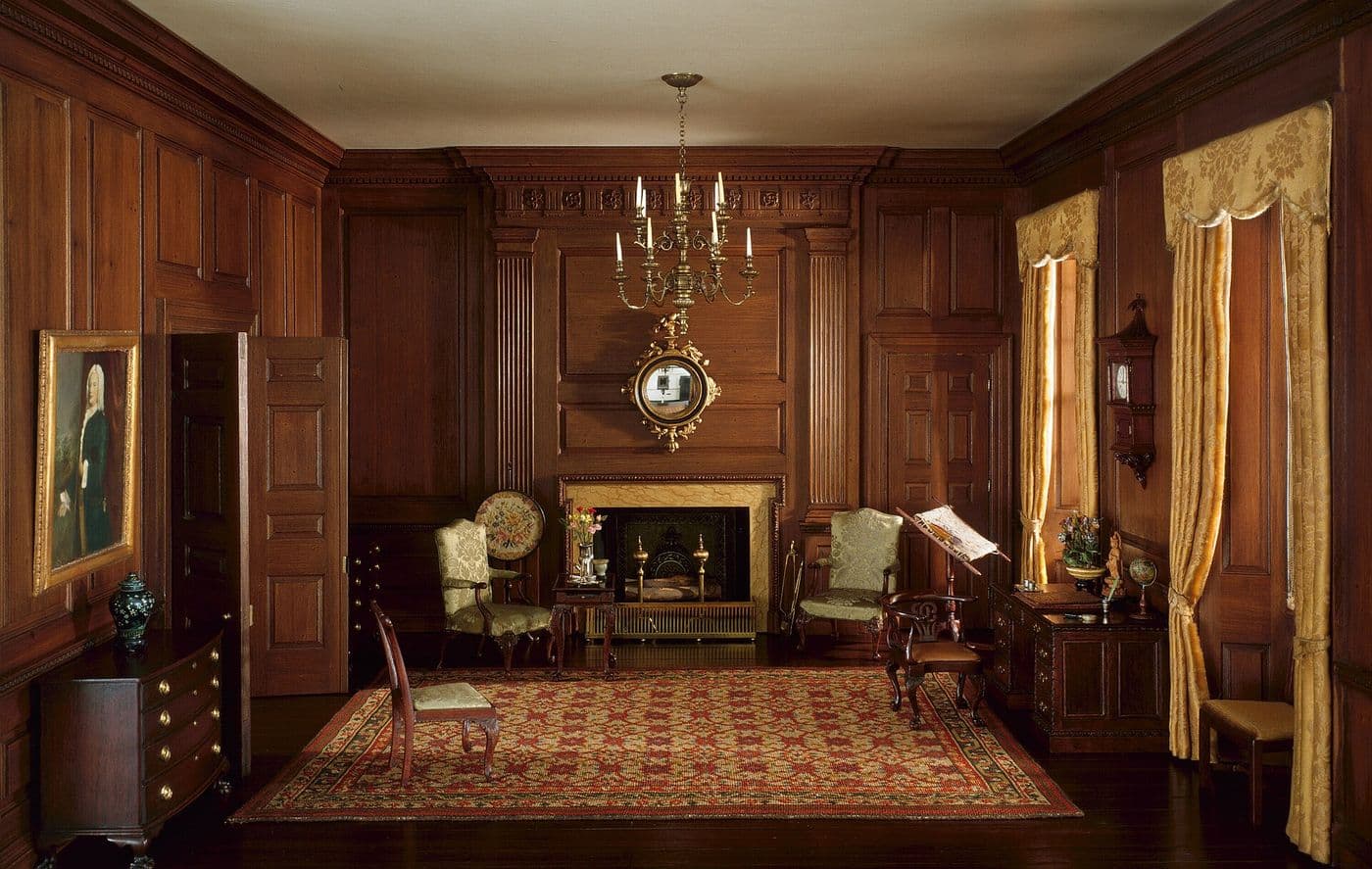 Miniature Virginia drawing room with painted paneling and a paneled overmantel above the fireplace
