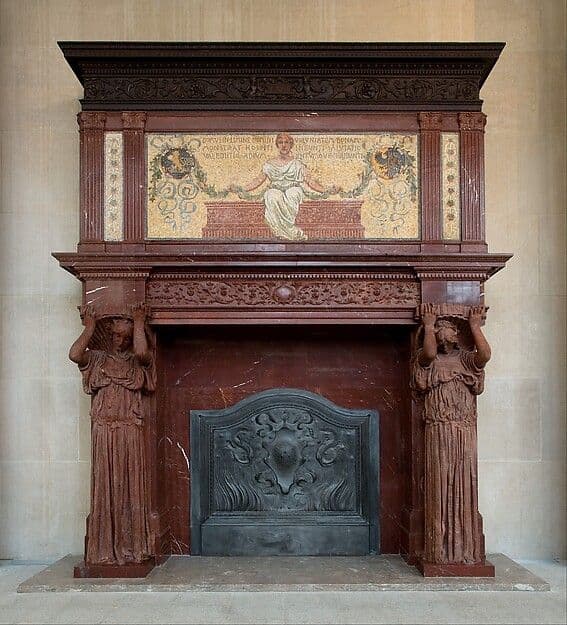 Monumental marble fireplace with two carved figures supporting a mosaic overmantel